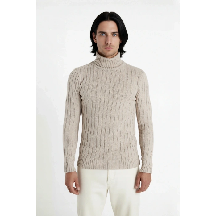 Erkek Fitted Balıkçı Yaka Triko Kazak Uzun Kollu Basic Tasarım Soğuk Günler İçin İdeal Konfor