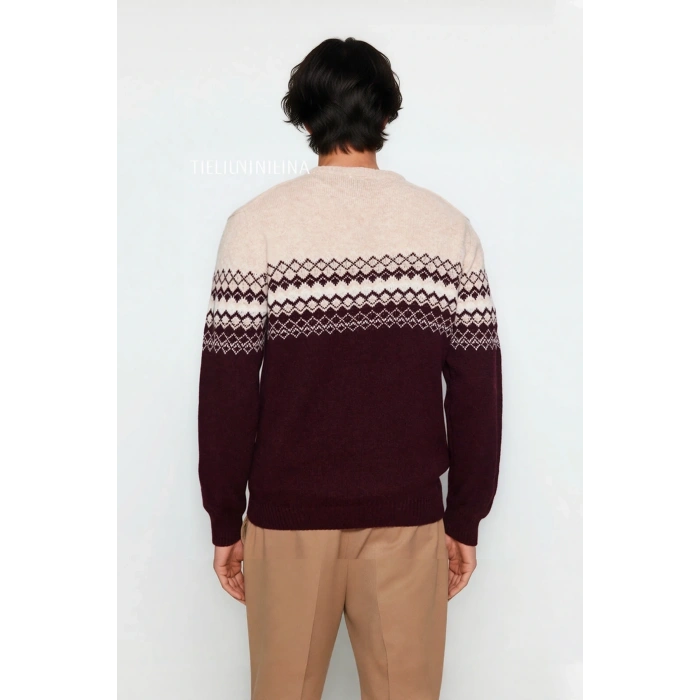 Erkek Fitted Bisiklet Yaka Etnik Desenli Triko Kazak Soğuk Havalar İçin Şık ve Konforlu Bir Tercih