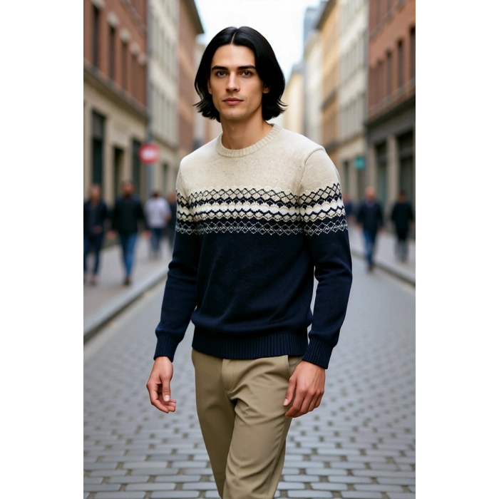 Erkek Fitted Bisiklet Yaka Etnik Desenli Triko Kazak Soğuk Havalar İçin Şık ve Konforlu Bir Tercih