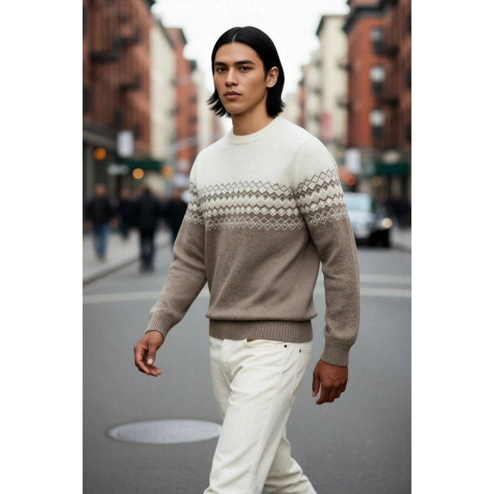 Erkek Fitted Bisiklet Yaka Etnik Desenli Triko Kazak Soğuk Havalar İçin Şık ve Konforlu Bir Tercih