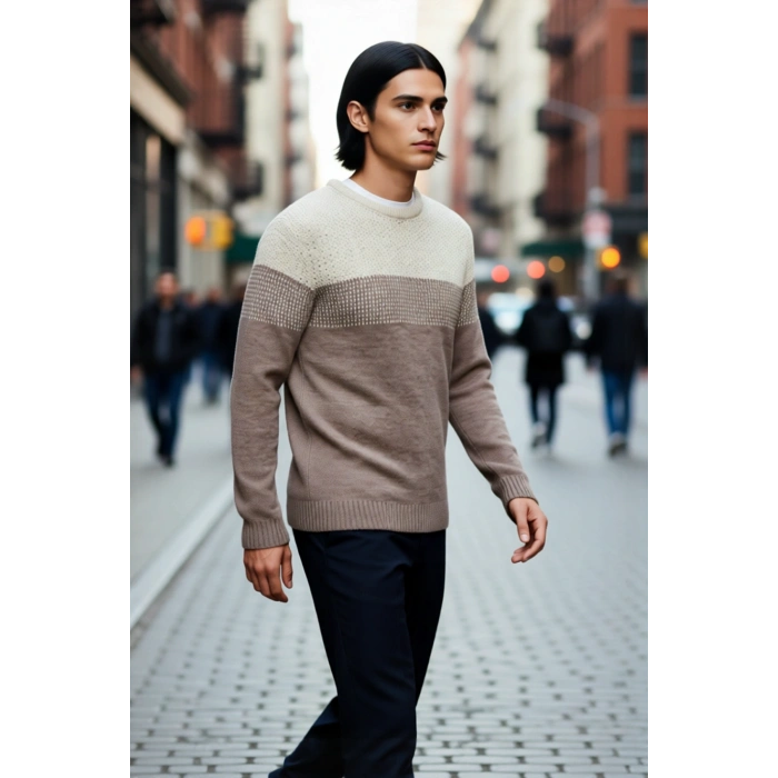 Erkek Fitted Bisiklet Yaka Uzun Kollu Renk Bloklu Akrilik Triko Kazak Günlük Şıklık İçin İdeal