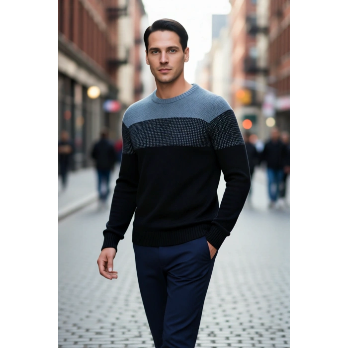 Erkek Fitted Bisiklet Yaka Uzun Kollu Renk Bloklu Akrilik Triko Kazak Günlük Şıklık İçin İdeal