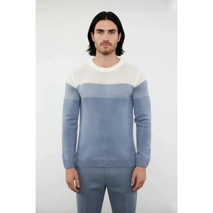 Erkek Fitted Bisiklet Yaka Uzun Kollu Renk Bloklu Akrilik Triko Kazak Günlük Şıklık İçin İdeal