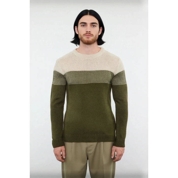 Erkek Fitted Bisiklet Yaka Uzun Kollu Renk Bloklu Akrilik Triko Kazak Günlük Şıklık İçin İdeal