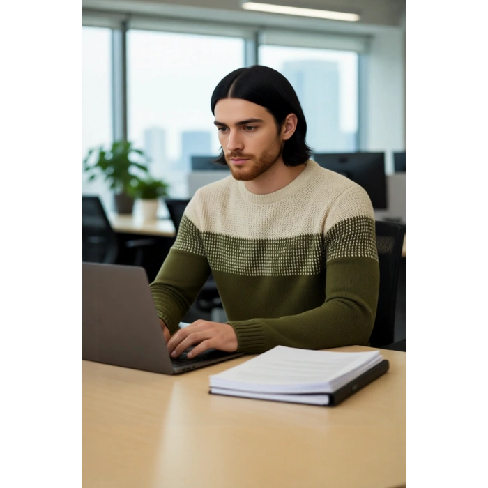 Erkek Fitted Bisiklet Yaka Uzun Kollu Renk Bloklu Akrilik Triko Kazak Günlük Şıklık İçin İdeal