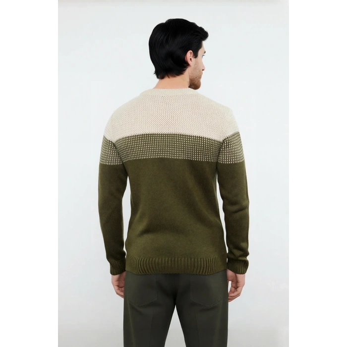 Erkek Fitted Bisiklet Yaka Uzun Kollu Renk Bloklu Akrilik Triko Kazak Günlük Şıklık İçin İdeal