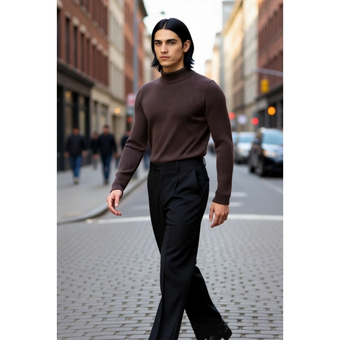 Erkek Fitted Dar Kalıp Dik Yaka Uzun Kol Fitilli Triko Kazak Kış Günleri İçin Şık ve Rahat Seçim