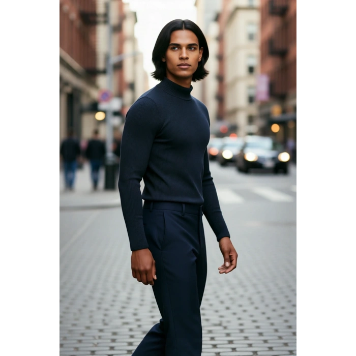 Erkek Fitted Dar Kalıp Dik Yaka Uzun Kol Fitilli Triko Kazak Kış Günleri İçin Şık ve Rahat Seçim