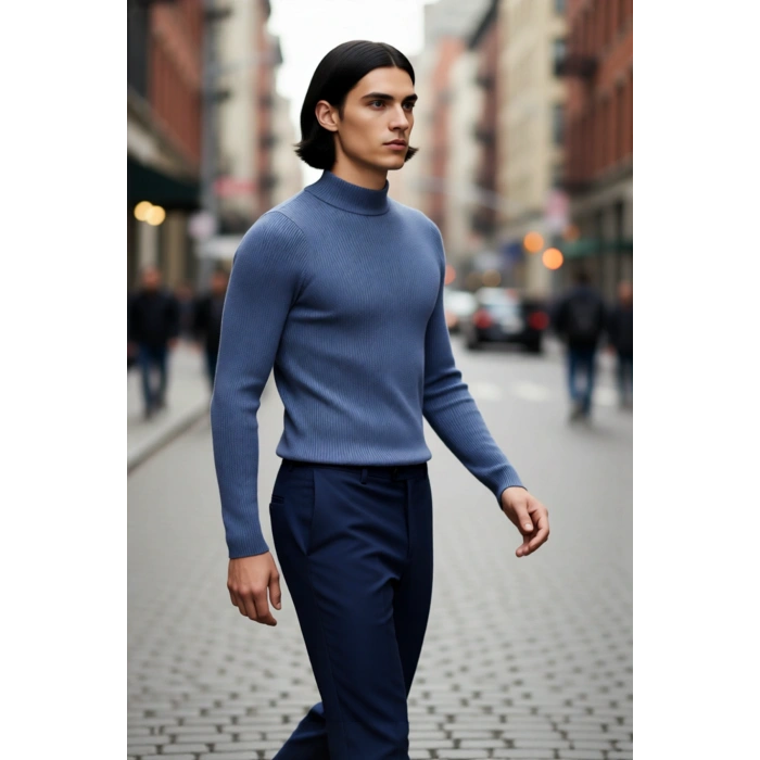 Erkek Fitted Dar Kalıp Dik Yaka Uzun Kol Fitilli Triko Kazak Kış Günleri İçin Şık ve Rahat Seçim