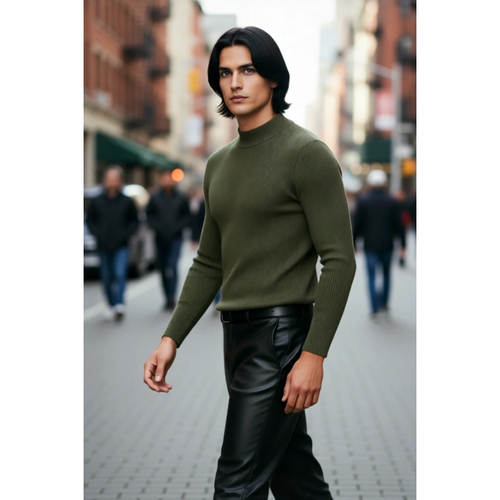 Erkek Fitted Dar Kalıp Dik Yaka Uzun Kol Fitilli Triko Kazak Kış Günleri İçin Şık ve Rahat Seçim