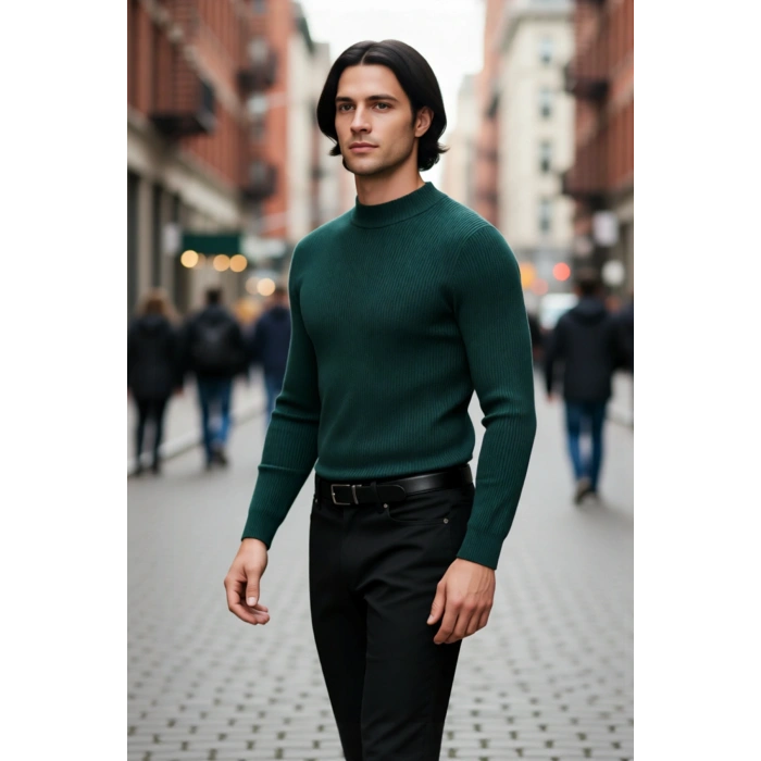Erkek Fitted Dar Kalıp Dik Yaka Uzun Kol Fitilli Triko Kazak Kış Günleri İçin Şık ve Rahat Seçim
