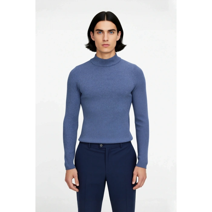 Erkek Fitted Dar Kalıp Dik Yaka Uzun Kol Fitilli Triko Kazak Kış Günleri İçin Şık ve Rahat Seçim