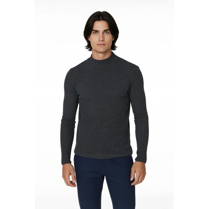 Erkek Fitted Dar Kalıp Dik Yaka Uzun Kol Fitilli Triko Kazak Kış Günleri İçin Şık ve Rahat Seçim