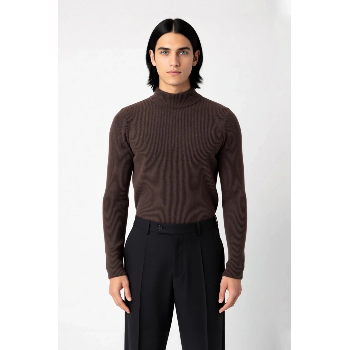 Erkek Fitted Dar Kalıp Dik Yaka Uzun Kol Fitilli Triko Kazak Kış Günleri İçin Şık ve Rahat Seçim