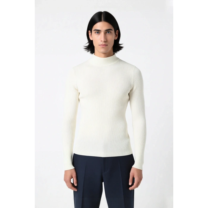 Erkek Fitted Dar Kalıp Dik Yaka Uzun Kol Fitilli Triko Kazak Kış Günleri İçin Şık ve Rahat Seçim