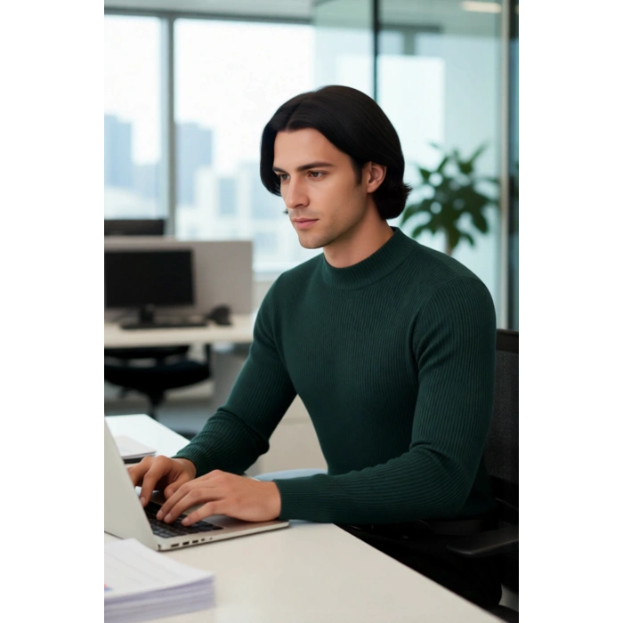 Erkek Fitted Dar Kalıp Dik Yaka Uzun Kol Fitilli Triko Kazak Kış Günleri İçin Şık ve Rahat Seçim