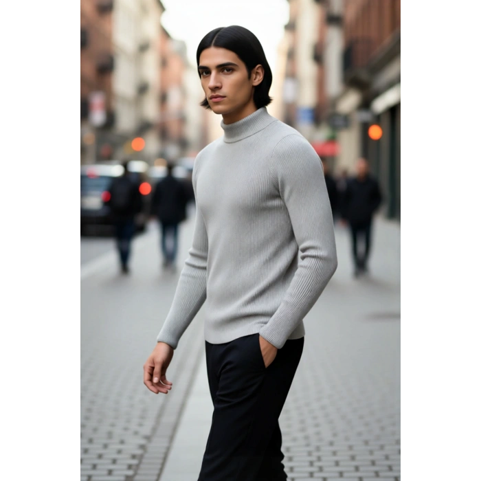 Erkek Fitted Dik Yaka Uzun Kol Triko Kazak Günlük Şıklık ve Konfor İçin İdeal Seçim Kaliteli