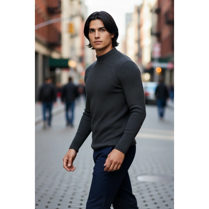 Erkek Fitted Dik Yaka Uzun Kol Triko Kazak Günlük Şıklık ve Konfor İçin İdeal Seçim Kaliteli