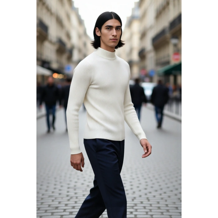 Erkek Fitted Dik Yaka Uzun Kol Triko Kazak Günlük Şıklık ve Konfor İçin İdeal Seçim Kaliteli