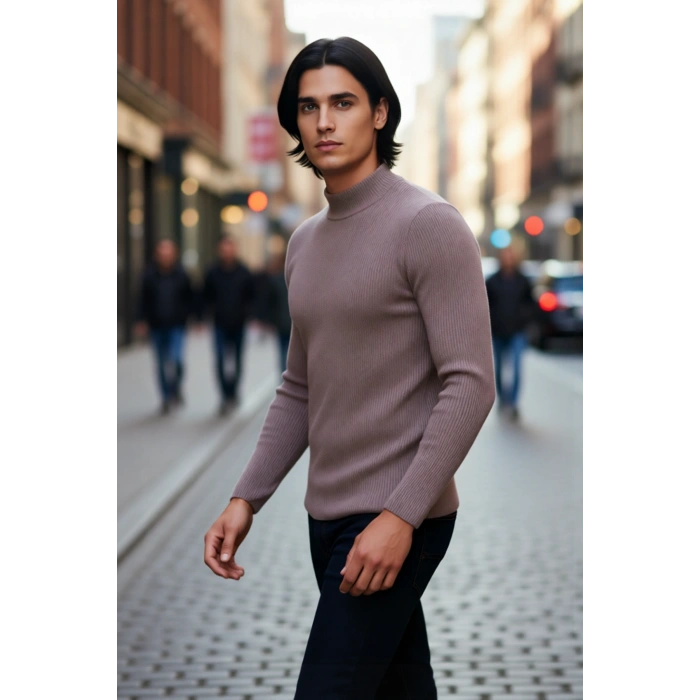 Erkek Fitted Dik Yaka Uzun Kol Triko Kazak Günlük Şıklık ve Konfor İçin İdeal Seçim Kaliteli