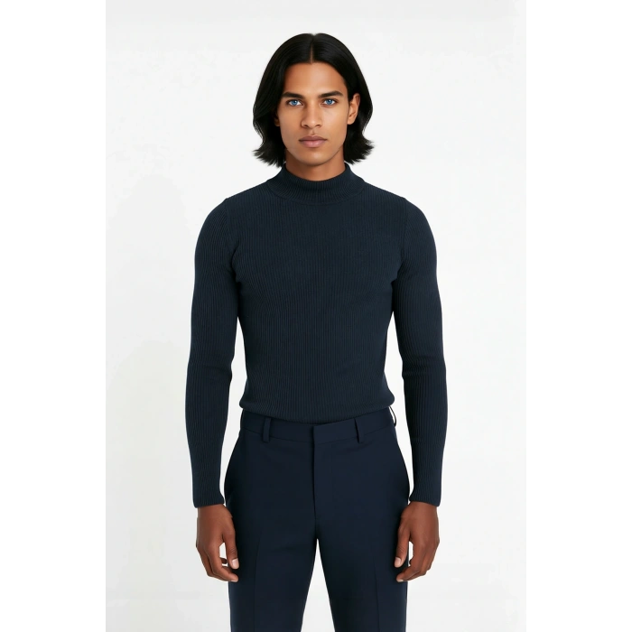 Erkek Fitted Dik Yaka Uzun Kol Triko Kazak Günlük Şıklık ve Konfor İçin İdeal Seçim Kaliteli