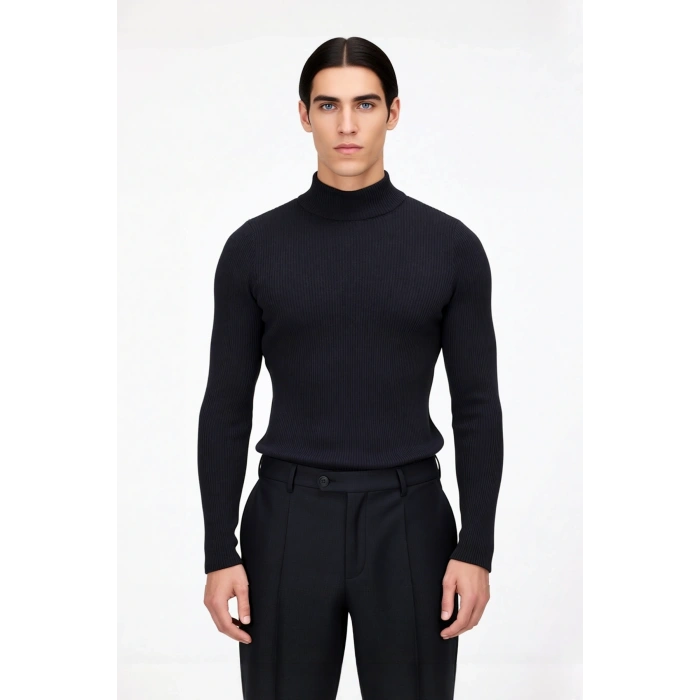 Erkek Fitted Dik Yaka Uzun Kol Triko Kazak Günlük Şıklık ve Konfor İçin İdeal Seçim Kaliteli