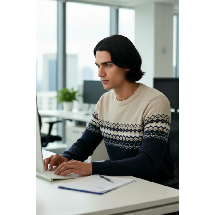 Erkek Fitted Etnik Desenli Bisiklet Yaka Triko Kazak Kış Günleri İçin İdeal Şık ve Konforlu Bir