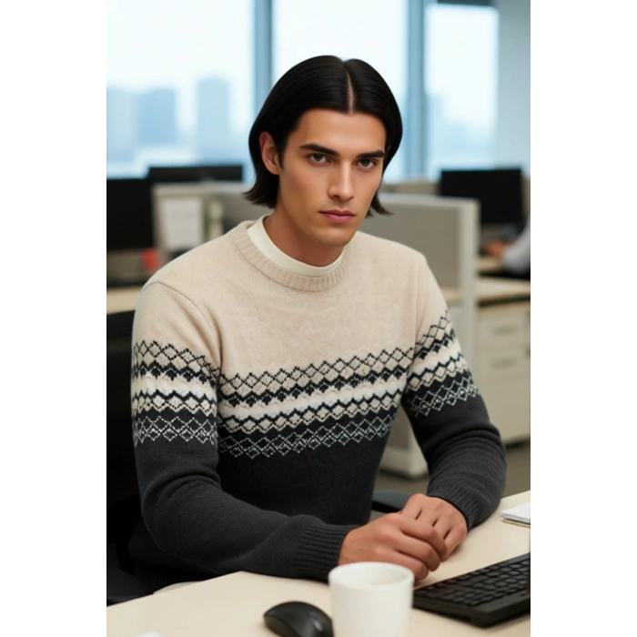 Erkek Fitted Etnik Desenli Bisiklet Yaka Triko Kazak Kış Günleri İçin İdeal Şık ve Konforlu Bir