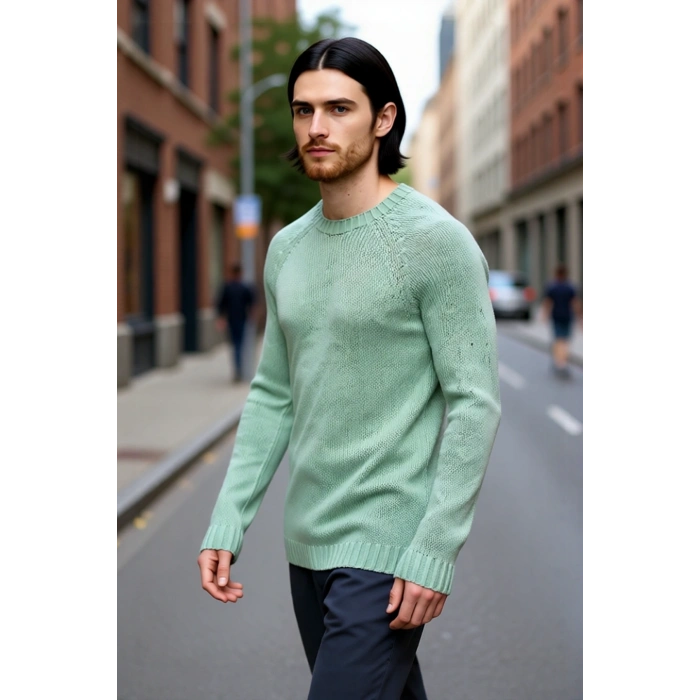 Erkek Fitted Kalıp Bisiklet Yaka Seamless Reglan Kol Basic Triko Kazak Sonbahar Kış Şıklığı