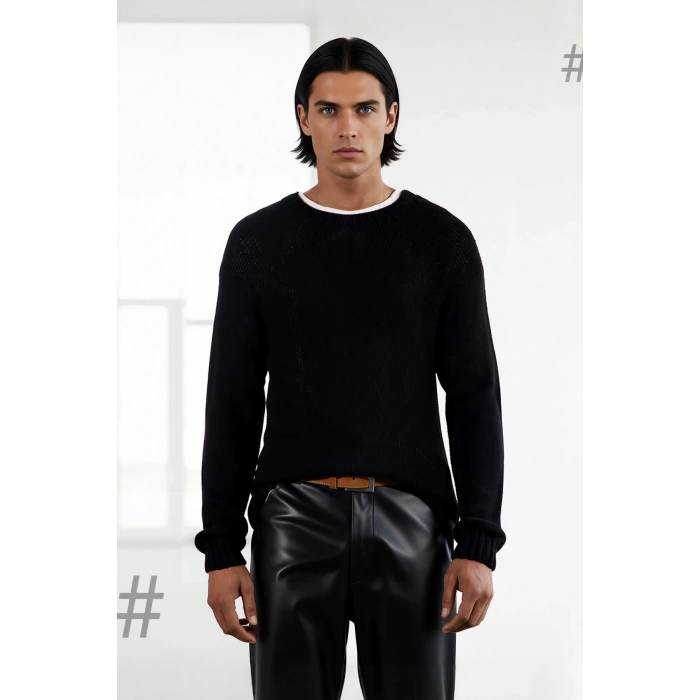 Erkek Fitted Kalıp Bisiklet Yaka Seamless Reglan Kol Basic Triko Kazak Sonbahar Kış Şıklığı