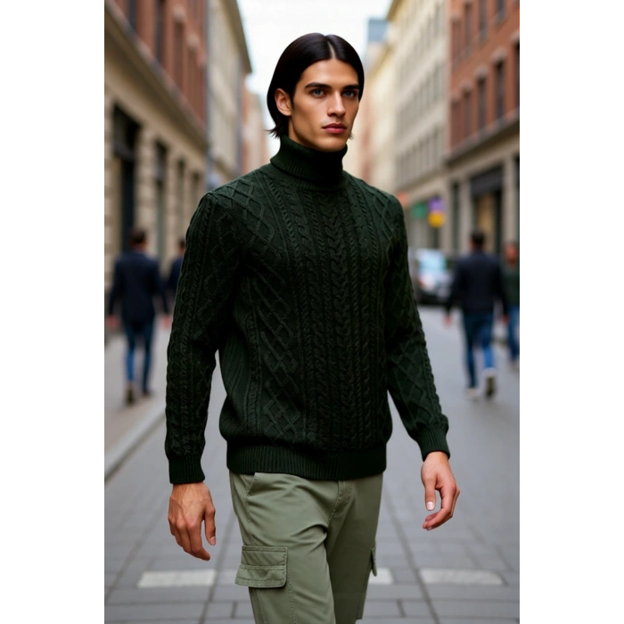 Erkek Fitted Kalıp Triko Balıkçı Yaka Saç Örgü Desenli Kalın Standart Kol Günlük Şık Kazak