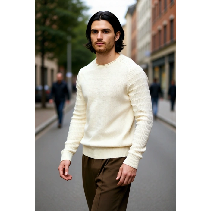 Erkek Fitted Kesim Dokulu Triko Bisiklet Yaka Uzun Kollu Basic Akrilik Kazak Kış Sezonu İçin Şık Ve