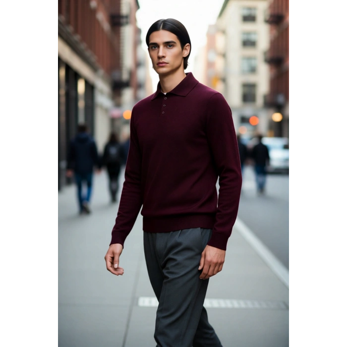 Erkek Fitted Kesim Polo Yaka Triko Kazak Uzun Kollu Smart Casual Tarzı Günlük Şıklık Sunar