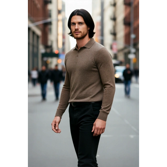 Erkek Fitted Kesim Polo Yaka Triko Kazak Uzun Kollu Smart Casual Tarzı Günlük Şıklık Sunar