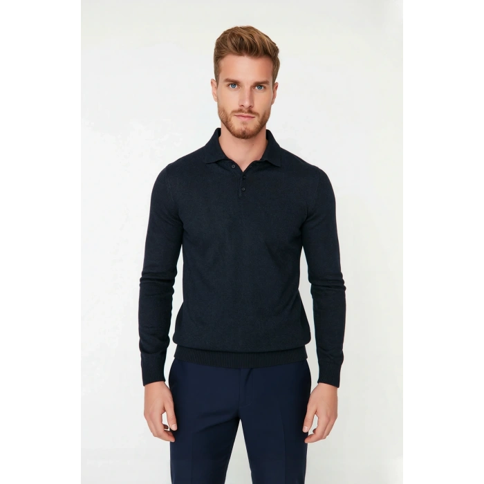 Erkek Fitted Kesim Polo Yaka Triko Kazak Uzun Kollu Smart Casual Tarzı Günlük Şıklık Sunar