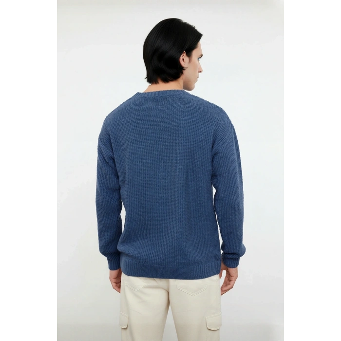 Erkek Geniş Kalıp Oversize Fit Bisiklet Yaka Nakış Detaylı Triko Kazak Serin Havalar İçin Kaliteli