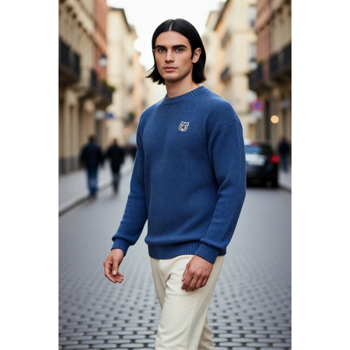 Erkek Geniş Kalıp Oversize Fit Bisiklet Yaka Nakış Detaylı Triko Kazak Serin Havalar İçin Kaliteli