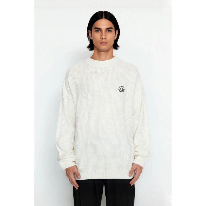 Erkek Geniş Kalıp Oversize Fit Bisiklet Yaka Nakış Detaylı Triko Kazak Serin Havalar İçin Kaliteli