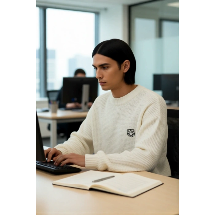 Erkek Geniş Kalıp Oversize Fit Bisiklet Yaka Nakış Detaylı Triko Kazak Serin Havalar İçin Kaliteli