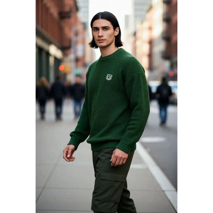 Erkek Geniş Kalıp Oversize Fit Bisiklet Yaka Nakış Detaylı Triko Kazak Serin Havalar İçin Kaliteli