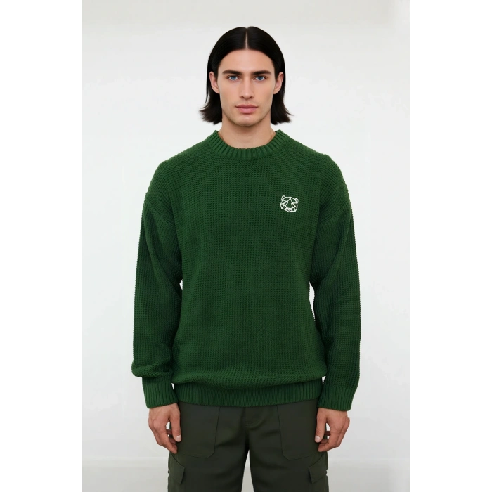 Erkek Geniş Kalıp Oversize Fit Bisiklet Yaka Nakış Detaylı Triko Kazak Serin Havalar İçin Kaliteli