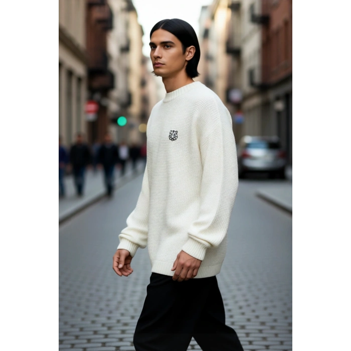 Erkek Geniş Kalıp Oversize Fit Bisiklet Yaka Nakış Detaylı Triko Kazak Serin Havalar İçin Kaliteli