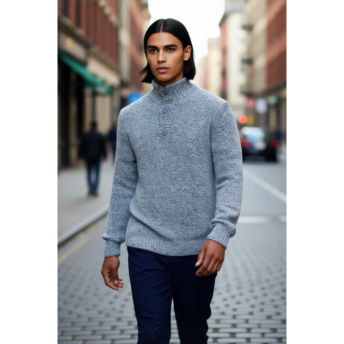 Erkek Gri Fitted Kesim Düğmeli Dik Yaka Kalın Triko Kazak Kışlık Günlük Kombinler İçin Şık Seçim