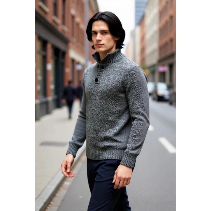 Erkek Gri Fitted Kesim Düğmeli Dik Yaka Kalın Triko Kazak Kışlık Günlük Kombinler İçin Şık Seçim
