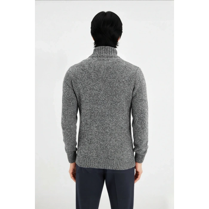 Erkek Gri Kalın Triko Düğmeli Dik Yaka Kazak Casual Ortamlar İçin Konforlu ve Şık Tasarım Kaliteli