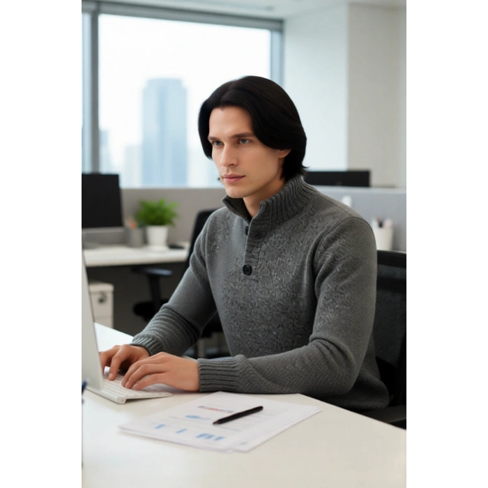 Erkek Gri Kalın Triko Düğmeli Dik Yaka Kazak Casual Ortamlar İçin Konforlu ve Şık Tasarım Kaliteli