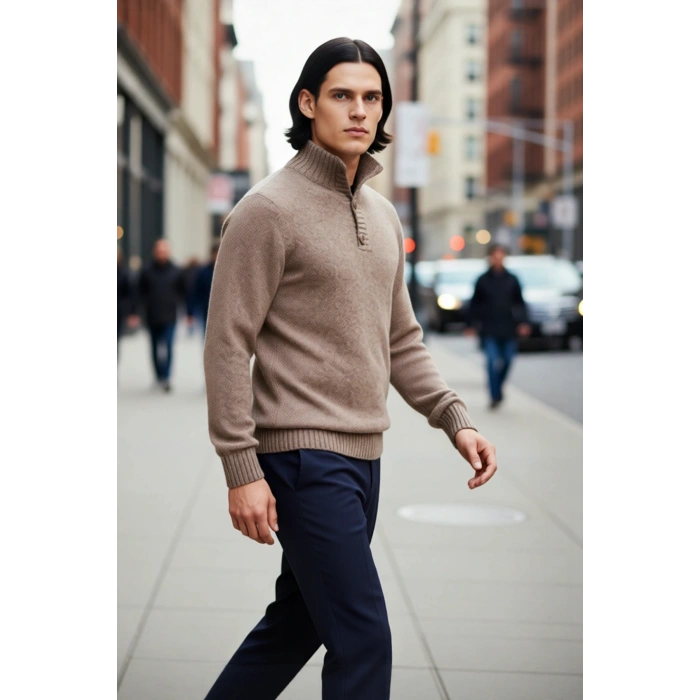 Erkek Gri Kalın Triko Düğmeli Dik Yaka Kazak Casual Ortamlar İçin Konforlu ve Şık Tasarım Kaliteli