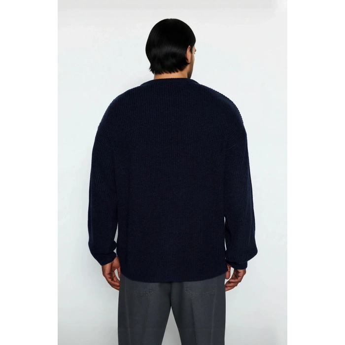 Erkek Gri Oversize Bisiklet Yaka Düz Düşük Kol Akrilik Triko Kazak Casual Tarzlara Özel Rahatlık