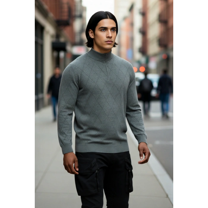 Erkek Gri Regular Fit Yarım Fermuarlı Dik Yaka Baklava Triko Kazak Kışlık Günlük Şıklık İçin