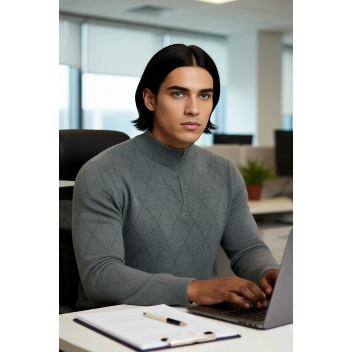 Erkek Gri Regular Kalıp Pamuklu Triko Baklava Desenli Yarım Fermuarlı Dik Yaka Kış Kazak Kaliteli